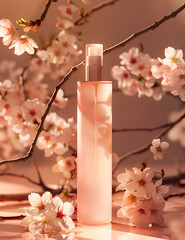 Cosmetic bottle mockup surrounded of sakura branch with flowers, against maroon background, studio shot. AI generated