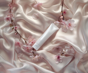 White cosmetic tube mockup laying on a silk drapery, surrounded of sakura branch with flowers. AI generated
