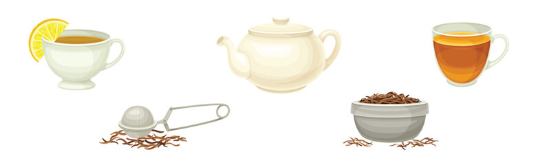 Tea Brewing with Teapot and Cup Vector Set