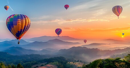 Colorful hot air balloons flying over the mountains at sunrise in Phu K hammer