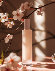 Cosmetic bottle mockup surrounded of sakura branch with flowers, against maroon background, studio shot. AI generated