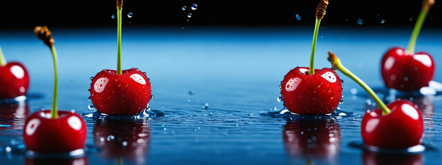 The cherry falls into the water. Beautiful red cherry, sweet cherry with splashes of water on a...