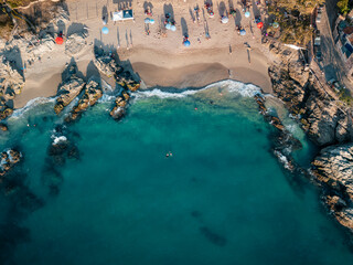 Aerial view of Conchas Chinas Beach in Puerto Vallarta Mexico showing clear turquoise water in ocean - obrazy, fototapety, plakaty