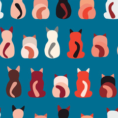 Seamless pattern with cute kitten print. Different scandy cats on color background. Scandinavian style illustration for kids. Vector illustration for fabric, textile, wallpaper, home clothing, pajama