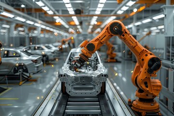 A car factory production line with robotic arms, a high-tech and futuristic atmosphere, a wide-angle lens capturing the entire workshop, modern design elements. Generative AI - 787459334