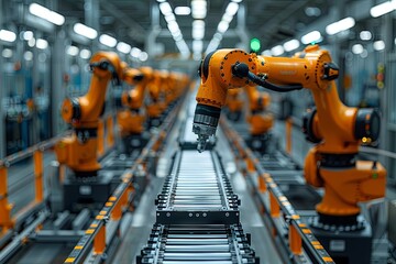 A car factory production line with robotic arms, a high-tech and futuristic atmosphere, a wide-angle lens capturing the entire workshop, modern design elements. Generative AI - 787459390