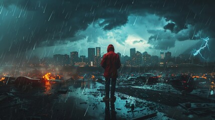 Amidst a chaotic scene of debris and rain a meteorologist confidently stands in the center yzing a powerful storm as it approaches a city skyline in the background. .