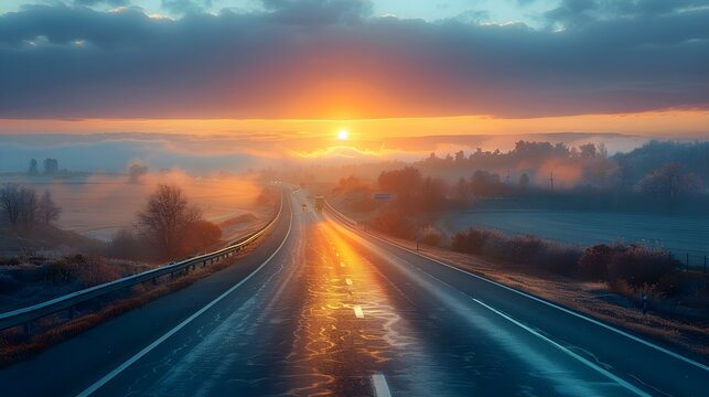 Dawn's Gleam on a Tranquil Highway. Concept Sunrise Captures, Peaceful Landscapes, Morning Light, Quiet Moments