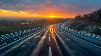 Dawn's Embrace on a Serene Highway. Concept Sunrise Photography, Scenic Beauty, Empty Road, Calm and Serene Settings - obrazy, fototapety, plakaty
