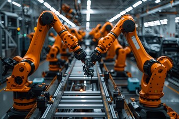 A car factory production line with robotic arms, a high-tech and futuristic atmosphere, a wide-angle lens capturing the entire workshop, modern design elements. Generative AI - 787459733