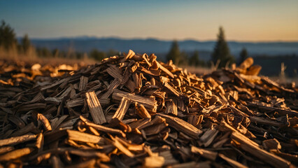 A wooden pile of small pieces of wood, which fell from a large tree.