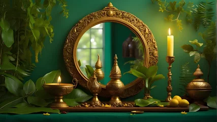 Foto op Canvas A photorealistic depiction of the Vishu festival elements, featuring a traditional brass lamp (Nilavilakku) and a mirror, set against a lush green background, symbolizing the richness and depth of Ker © Sabir
