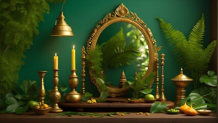 A photorealistic depiction of the Vishu festival elements, featuring a traditional brass lamp (Nilavilakku) and a mirror, set against a lush green background, symbolizing the richness and depth of Ker