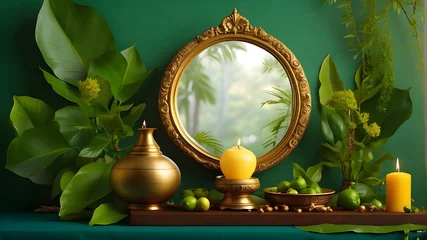Foto op Canvas A photorealistic depiction of the Vishu festival elements, featuring a traditional brass lamp (Nilavilakku) and a mirror, set against a lush green background, symbolizing the richness and depth of Ker © Sabir