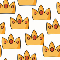 Seamless pattern with Crown on color background. Doodle vector illustration. Queen royal princess symbol. Outline design for drawing greeting cards, fabric, textile