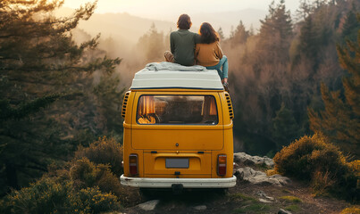 Couple sitting on top of yellow vintage camper enjoying scenic view of nature during sunset. They are embracing each other while surrounded by trees and foliage. Van traveling, relations, love concept