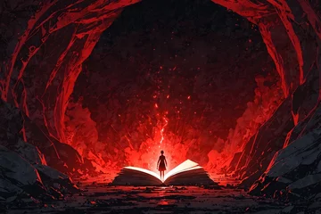 Gordijnen A person is standing in front of an open book in a red cave © SynchR