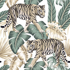 Tiger, tropical palm leaves floral seamless pattern white background. Exotic botanical jungle wallpaper.	
