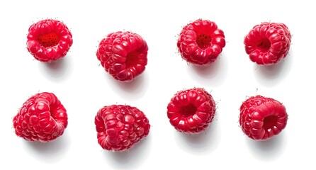 Bright red raspberries arranged neatly on a white background. Ideal for culinary use in design. Fresh and vibrant fruit illustration. AI - obrazy, fototapety, plakaty