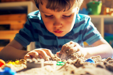 A boy with autism spectrum disorder plays with kinetic sand to develop sensory sensitivity
