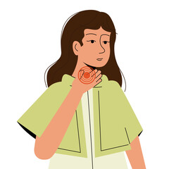 Sick young woman with flu and cold sickness illustration. Flat cartoon character with thyroid cancer. - 787460941