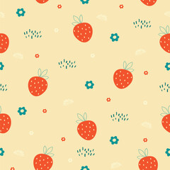 Colorful doodle yummy seamless vector pattern. Strawberry harvesting childish simple background. - 787460945