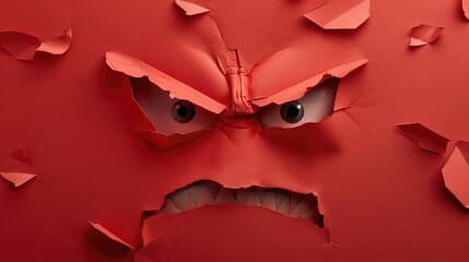 Paper angry face on a red backdrop - obrazy, fototapety, plakaty