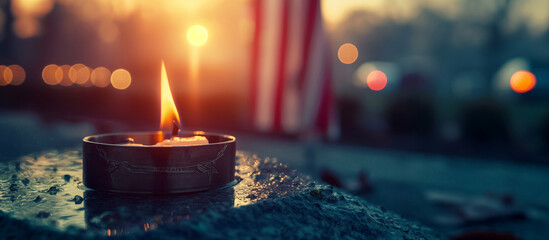 An eternal flame at a military memorial with an American flag in the background, illuminated by morning light that casts soft shadows around the sacred symbol. , natural light, sof - obrazy, fototapety, plakaty