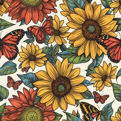A colorful floral pattern with butterflies and sunflowers