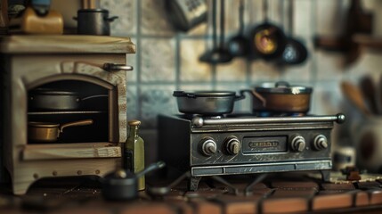 Fototapeta na wymiar Tiny Miniature Kitchen with Stove and Pans Macro Shot.