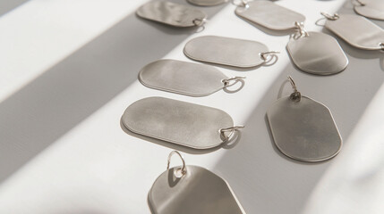 Dog tags lying on a clean white surface, their metal surfaces reflecting natural light and casting poignant shadows, symbolizing personal sacrifice. Memorial Day, Independence Day ,
