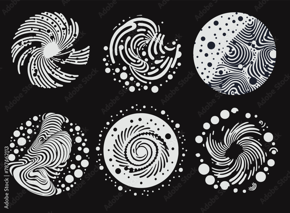 Poster Set of different round shapes with psychedelic trippy pattern resembling ink blots and stains. Perfect for science and technology subject illustrations.