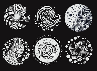 Set of different round shapes with psychedelic trippy pattern resembling ink blots and stains. Perfect for science and technology subject illustrations. - 787462113