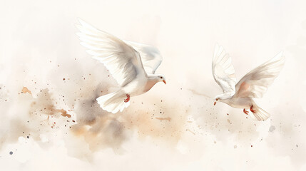Watercolor doves flying across a white canvas, symbolizing peace for Memorial Day. , watercolor illustration style, flat lay, white background