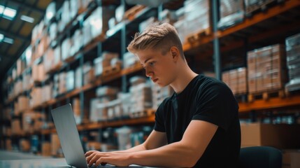 Employee managing inventory on laptop.