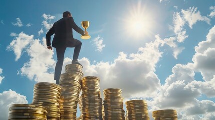 A businessman climbing a literal staircase made of towering stacks of coins, reaching towards a floating trophy symbolizing success - obrazy, fototapety, plakaty