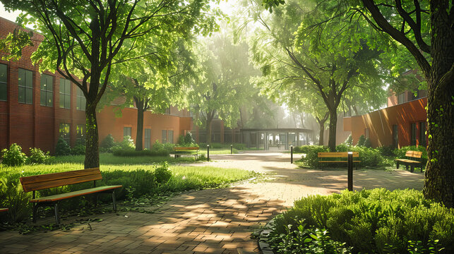 Peaceful Park with Fresh Green Grass and Sunny Pathways, Relaxing Outdoor Space for Leisure and Recreation