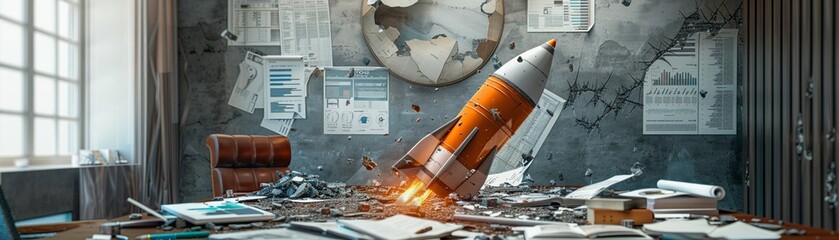 An office scene with a crashed rocket sculpture in the center, surrounded by broken financial charts and documents - obrazy, fototapety, plakaty