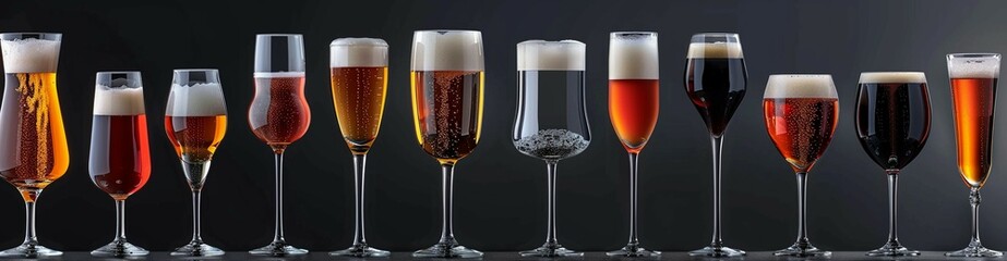 An assortment of beer glasses with different types of beer displayed against a dark, elegant background.