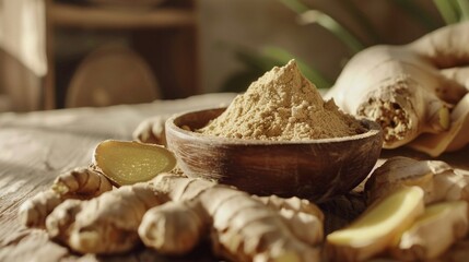 Fototapeta premium Ginger roots and powder wood backdrop