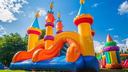 Inflatable castle in sunny park vibrant joy