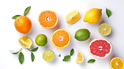 Fresh citrus fruits assortment on a white background. Vibrant colors, top view. Ideal for healthy lifestyle concepts. AI