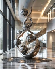 A tech company lobby where a magnetic sculpture attracts metal spheres engraved with core skills, representing the company s draw for specific talents
