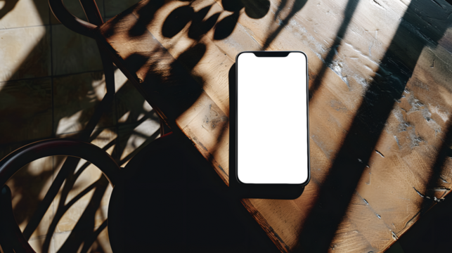 smartphone on the table in a restaurant or cafe with its transparent screen - easy modification