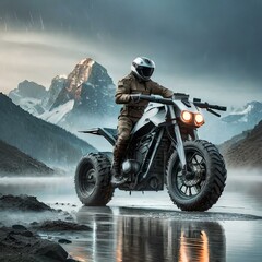 ilustración motociclista en las montañas.