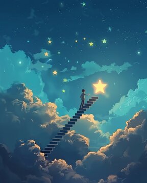 An animated sequence of a professional climbing a staircase in the sky, reaching towards a star that lights up upon touch, representing high achievements