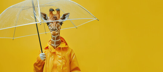 Bright giraffe dressed up for rain with clear umbrella and rain coat