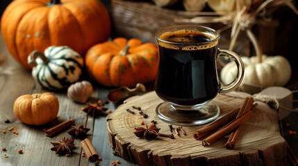 Pumpkin coffee with spices on the background of a wooden table and pumpkins.