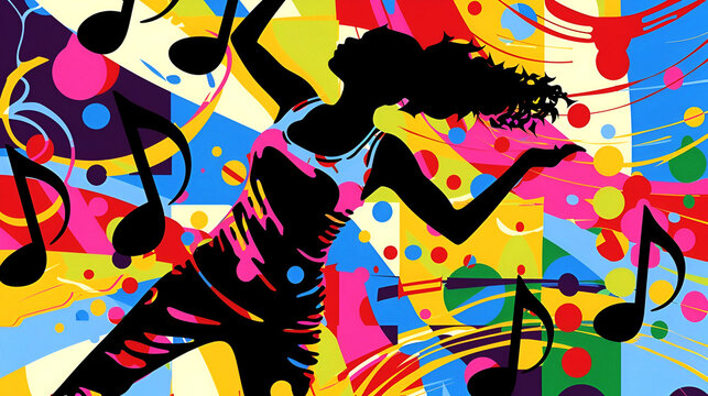 Pop art illustration of a person dancing, with musical notes and vibrant colors