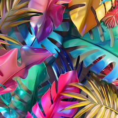 illustration of neon Monstera deliciosa leaves growing in tropical forest for creative design elements